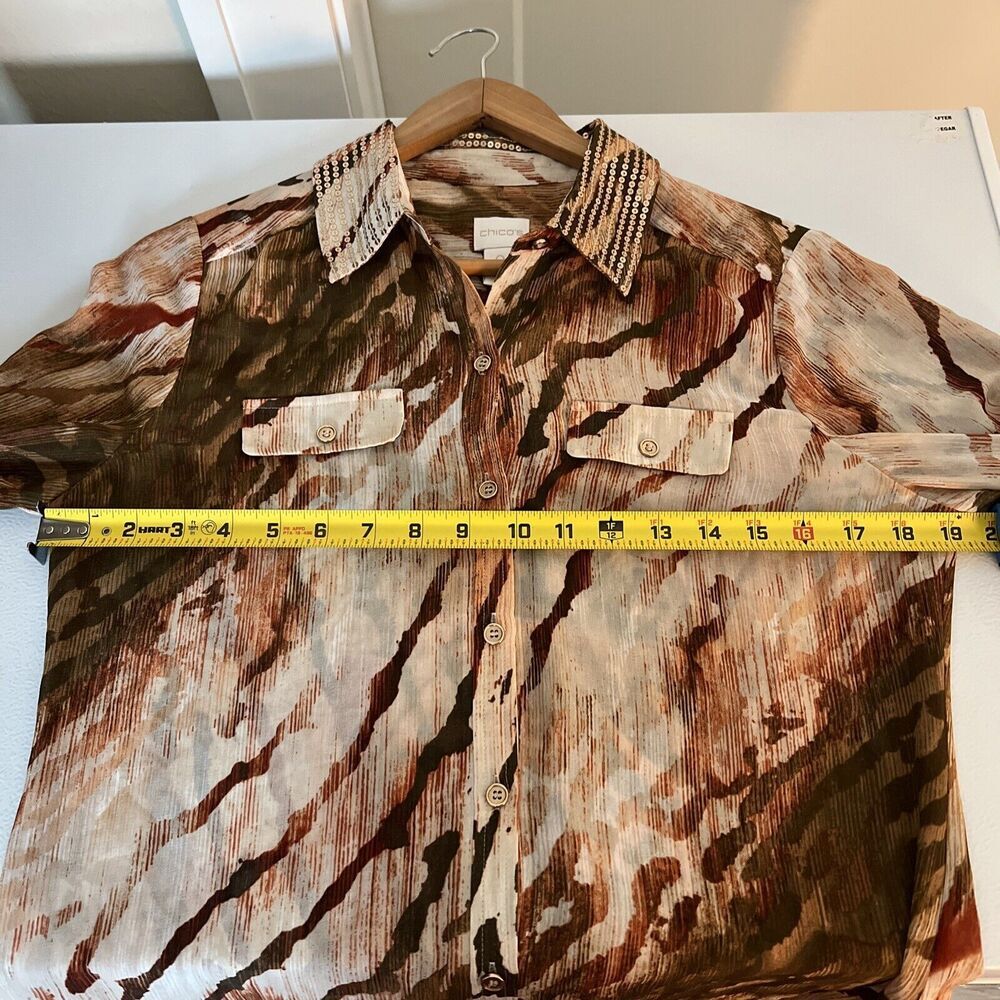 Chico's 0 Joceline Top Long Sleeve Shirt Button Sequin Collar Zebra Animal Chic - Picture 12 of 12